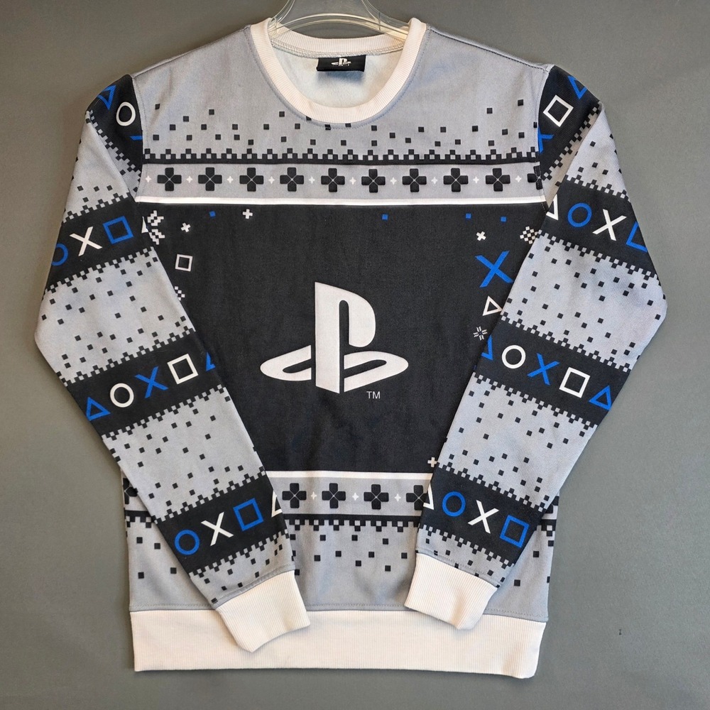 PlayStation Sweatshirt Men's Fair Isle Ugly Christmas Sweater Gamer Gray Medium